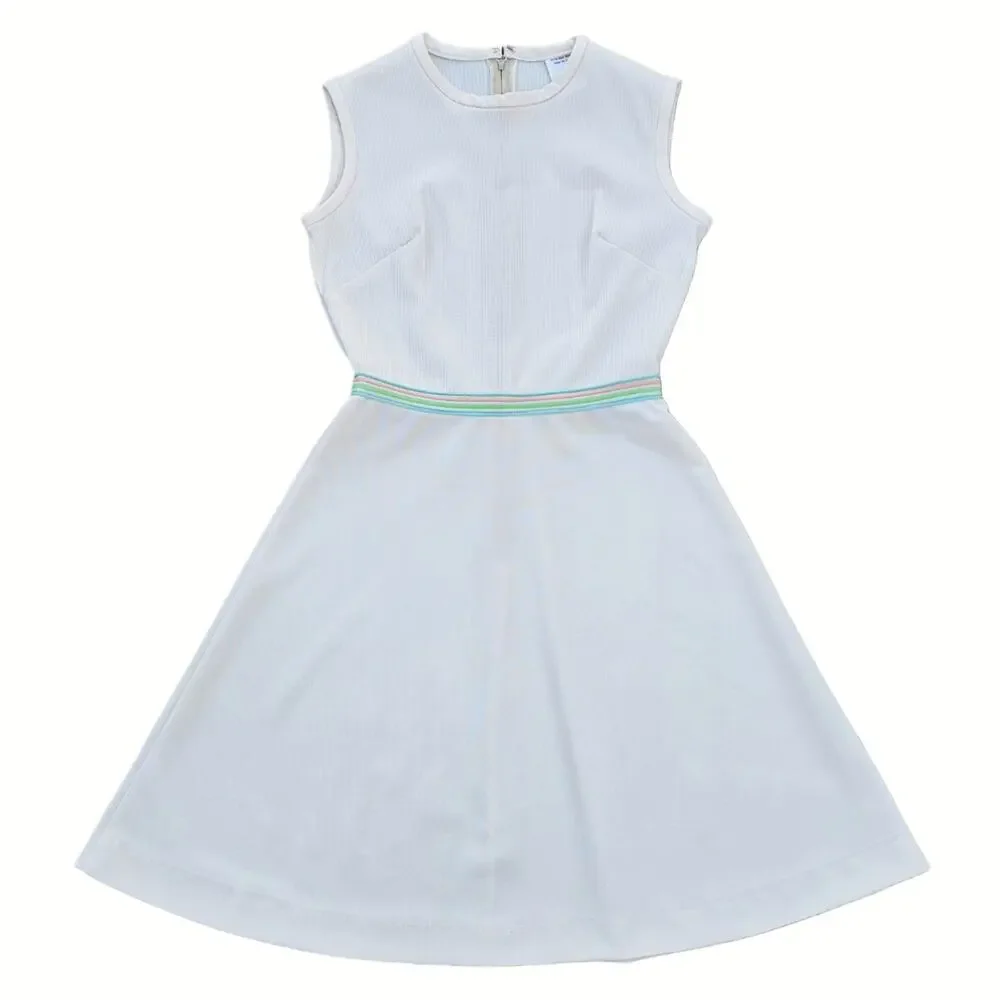 VTG Fit Flare Dress Off White Double Knit Sleeveless Pastel Stripe Vintage 70s - Picture 8 of 8